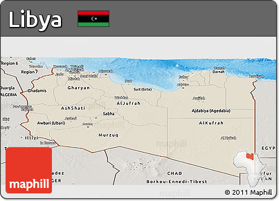 Shaded Relief Panoramic Map of Libya, semi-desaturated, land only