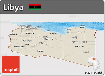 Shaded Relief Panoramic Map of Libya, single color outside