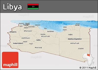 Shaded Relief Panoramic Map of Libya, single color outside