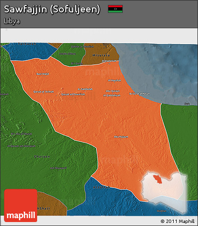 Political 3D Map of Sawfajjin (Sofuljeen), darken