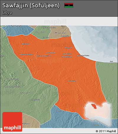 Political 3D Map of Sawfajjin (Sofuljeen), semi-desaturated