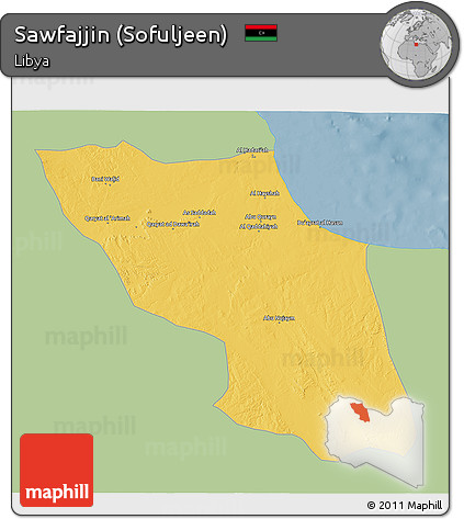Savanna Style 3D Map of Sawfajjin (Sofuljeen), single color outside