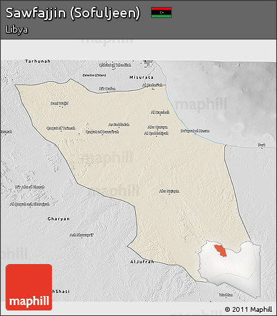 Shaded Relief 3D Map of Sawfajjin (Sofuljeen), desaturated