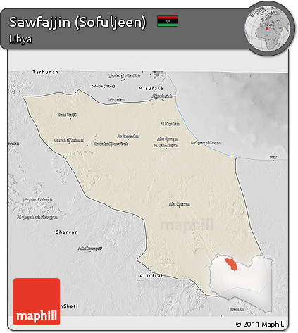 Shaded Relief 3D Map of Sawfajjin (Sofuljeen), desaturated