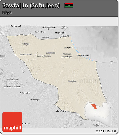 Shaded Relief 3D Map of Sawfajjin (Sofuljeen), desaturated