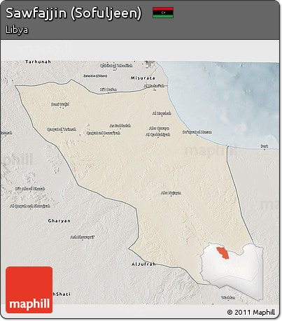 Shaded Relief 3D Map of Sawfajjin (Sofuljeen), semi-desaturated
