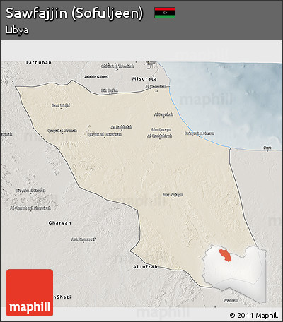Shaded Relief 3D Map of Sawfajjin (Sofuljeen), semi-desaturated
