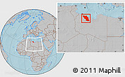 Gray Location Map of Sawfajjin (Sofuljeen), within the entire country, hill shading