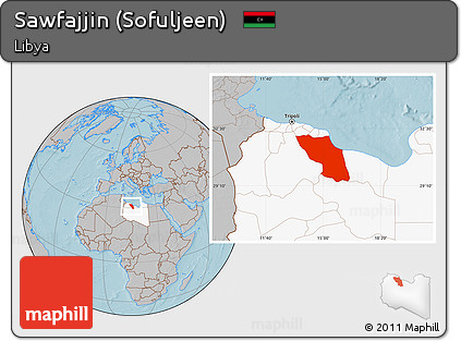 Gray Location Map of Sawfajjin (Sofuljeen), highlighted country, hill shading