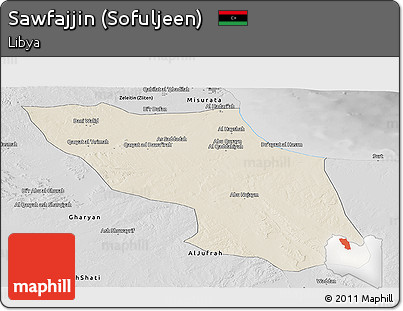 Shaded Relief Panoramic Map of Sawfajjin (Sofuljeen), desaturated