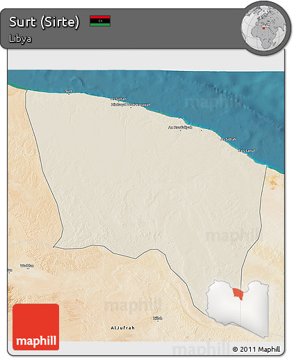 Shaded Relief 3D Map of Surt (Sirte), satellite outside