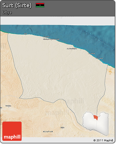 Shaded Relief 3D Map of Surt (Sirte), satellite outside