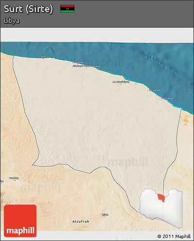 Shaded Relief 3D Map of Surt (Sirte), satellite outside