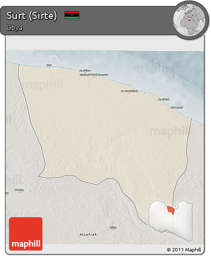 Shaded Relief 3D Map of Surt (Sirte), semi-desaturated