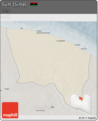 Shaded Relief 3D Map of Surt (Sirte), semi-desaturated