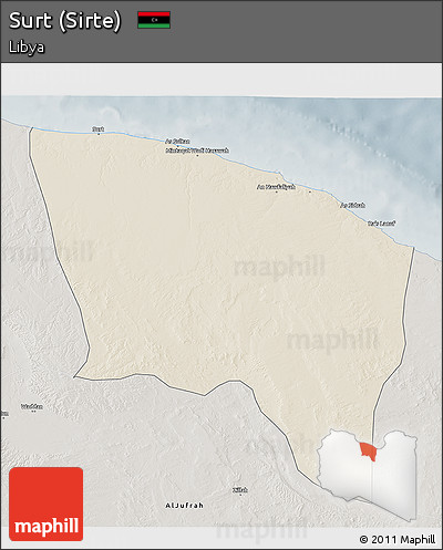 Shaded Relief 3D Map of Surt (Sirte), semi-desaturated