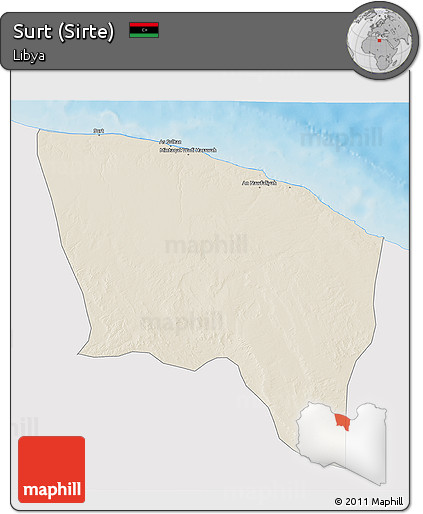 Shaded Relief 3D Map of Surt (Sirte), single color outside