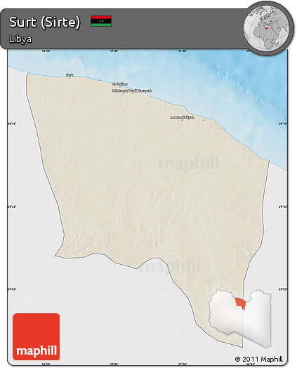 Shaded Relief Map of Surt (Sirte), single color outside