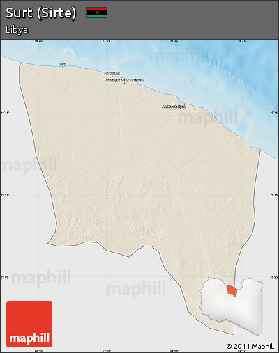Shaded Relief Map of Surt (Sirte), single color outside