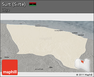Shaded Relief Panoramic Map of Surt (Sirte), darken, semi-desaturated