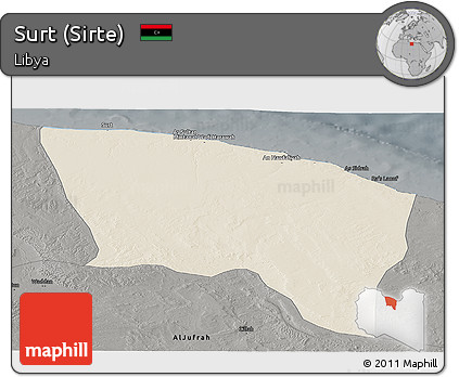 Shaded Relief Panoramic Map of Surt (Sirte), darken, semi-desaturated