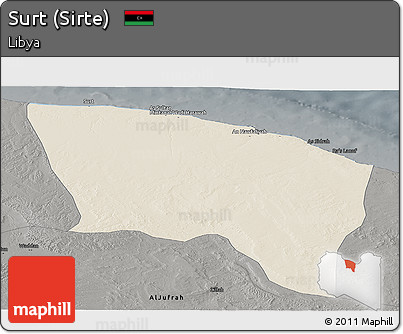 Shaded Relief Panoramic Map of Surt (Sirte), darken, semi-desaturated