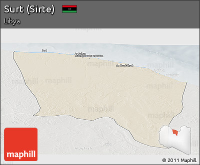 Shaded Relief Panoramic Map of Surt (Sirte), lighten, semi-desaturated