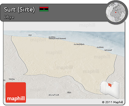 Shaded Relief Panoramic Map of Surt (Sirte), semi-desaturated