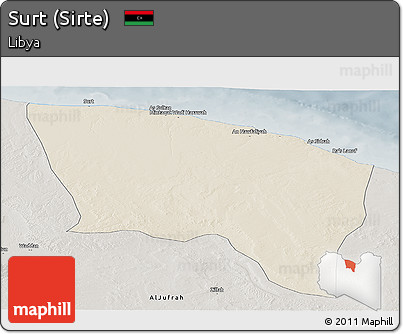 Shaded Relief Panoramic Map of Surt (Sirte), semi-desaturated