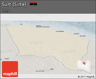 Shaded Relief Panoramic Map of Surt (Sirte), semi-desaturated