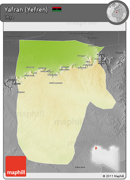 Physical 3D Map of Yafran (Yefren), darken, desaturated