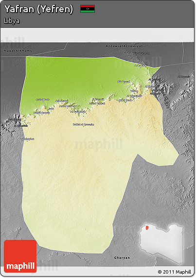 Physical 3D Map of Yafran (Yefren), darken, desaturated
