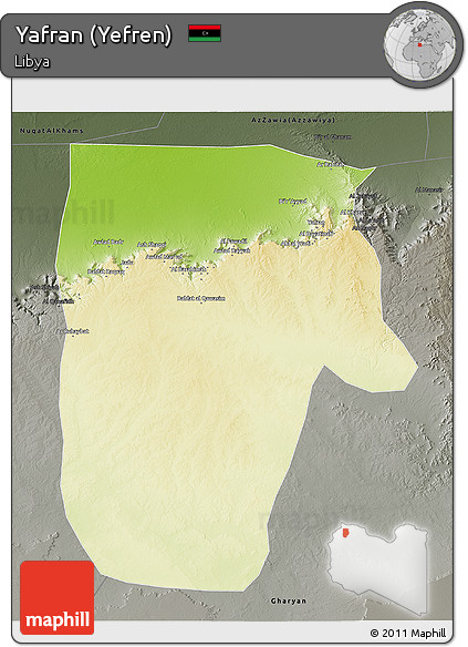 Physical 3D Map of Yafran (Yefren), darken, semi-desaturated