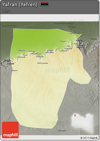 Physical 3D Map of Yafran (Yefren), darken, semi-desaturated