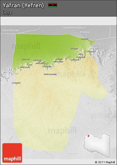 Physical 3D Map of Yafran (Yefren), lighten, desaturated