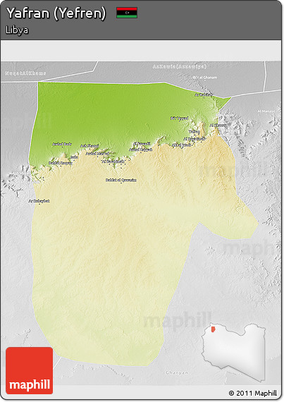 Physical 3D Map of Yafran (Yefren), lighten, desaturated