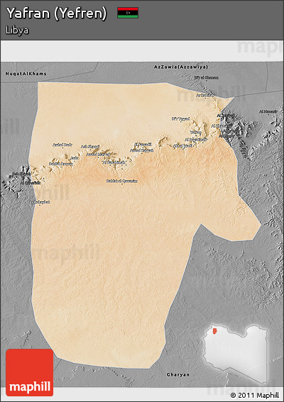 Satellite 3D Map of Yafran (Yefren), darken, desaturated