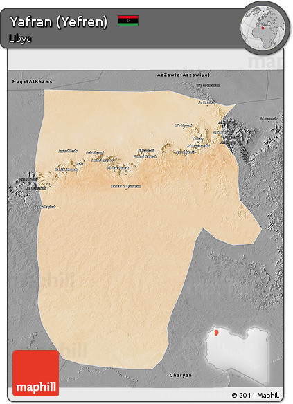 Satellite 3D Map of Yafran (Yefren), darken, desaturated
