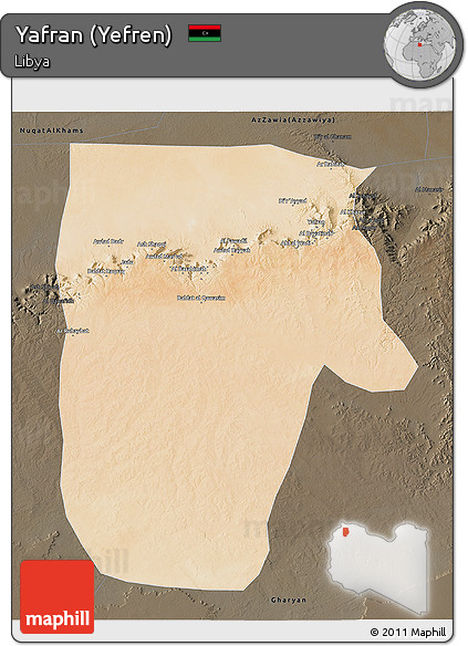 Satellite 3D Map of Yafran (Yefren), darken
