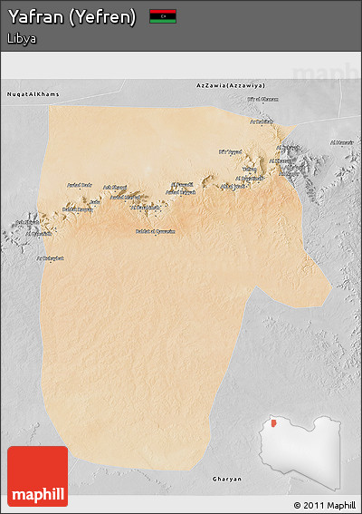 Satellite 3D Map of Yafran (Yefren), desaturated