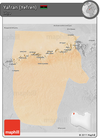 Satellite 3D Map of Yafran (Yefren), desaturated