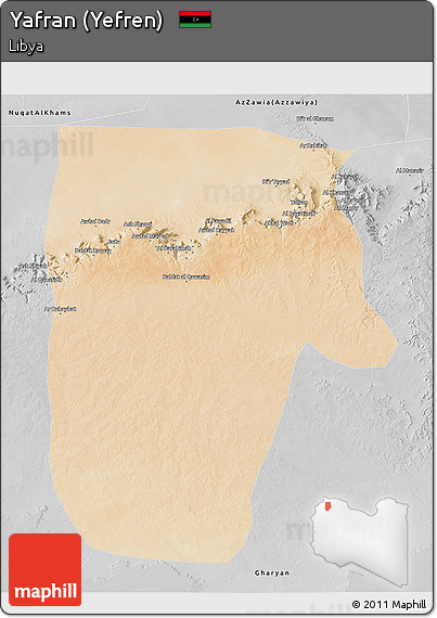 Satellite 3D Map of Yafran (Yefren), desaturated