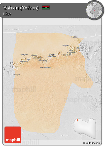 Satellite 3D Map of Yafran (Yefren), lighten, desaturated
