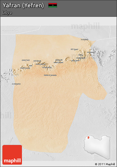 Satellite 3D Map of Yafran (Yefren), lighten, desaturated