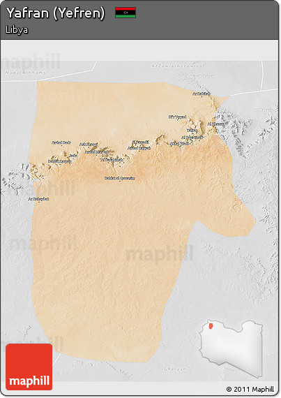 Satellite 3D Map of Yafran (Yefren), lighten, desaturated