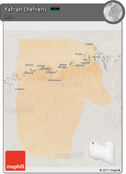 Satellite 3D Map of Yafran (Yefren), lighten, semi-desaturated