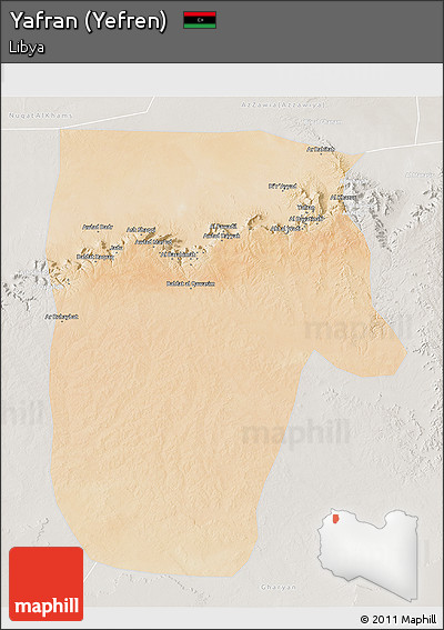 Satellite 3D Map of Yafran (Yefren), lighten, semi-desaturated