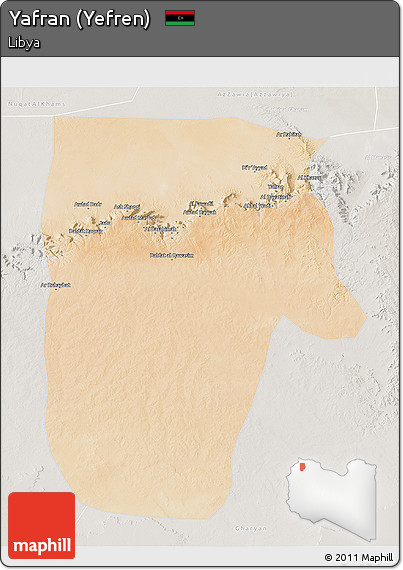 Satellite 3D Map of Yafran (Yefren), lighten, semi-desaturated