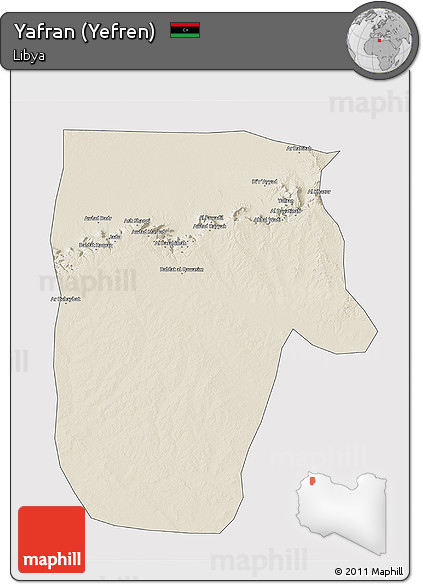 Shaded Relief 3D Map of Yafran (Yefren), cropped outside