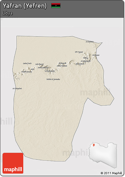 Shaded Relief 3D Map of Yafran (Yefren), cropped outside